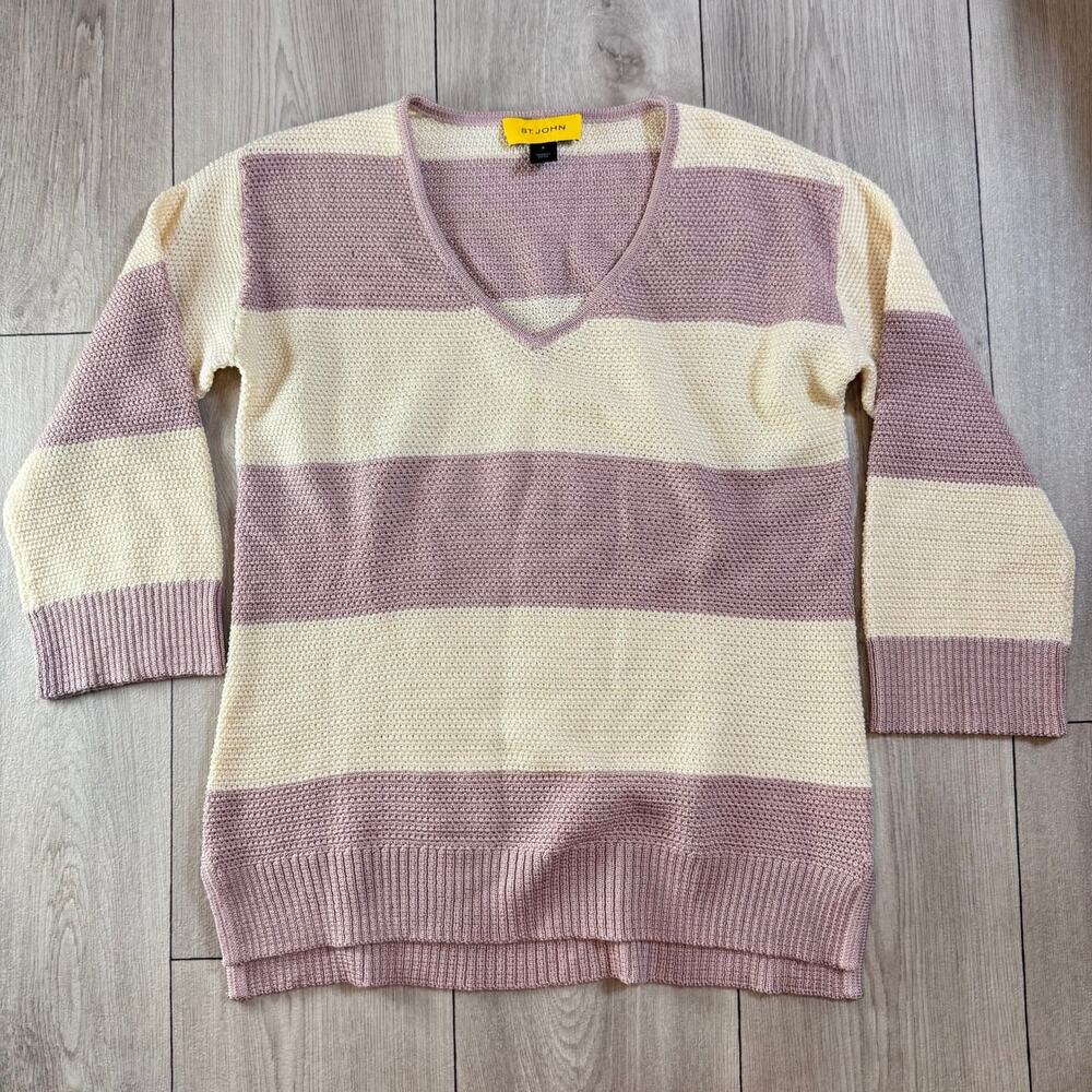 St John Striped V-Neck Sweater - Purple and Cream Petite Medium